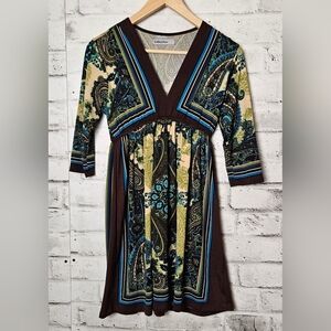 Bailey Blue Boho Green & Brown Paisley Deep V-Neck ¾Sleeve Chic Dress